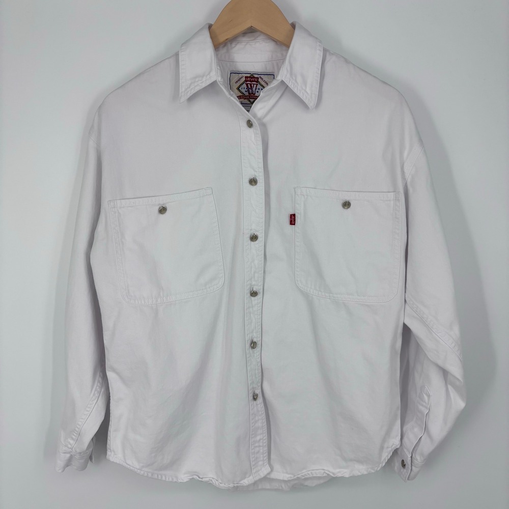 Vintage 90s Levis Heavyweight Twill Pearl Button Shirt Womens M White Chore FLAW